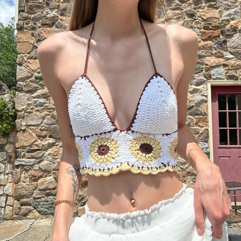 Handmade Crochet Halter Crop Top - White and Brown